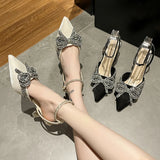 Ciing  Shiny Crystal Bowtie Pumps Women Fashion Ankle Strap High Heels Party Shoes Woman Summer Pointed Toe Sandals Mujer