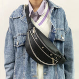 Ciing Hip Hop Women's Waist Bag Rivet Chain Fanny Pack PU Leather Fashion Belt Bag Female Shoulder Crossbody Chest Bags Handbag Purse