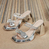 Ciing Shiny Crystal Bowtie High Heels Sandals Women Summer Chunky Platform Silver Sandals Woman Thick Heel Slingbacks Party Shoes