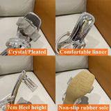 Ciing Bling Crystal Clear Heels Slippers Women Luxury Gold Silver Pleated Slides Woman Summer Fashion Square Toe Slip on Sandals