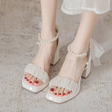 Ciing Elegant White High Heels Sandals Women Summer Chunky Platform Pearl Ankle Straps Pumps Woman Lace Bowtie Luxury Party Shoes