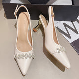 Ciing String Bead Slingback Pumps Women Crystal High Heels Party Shoes Woman Summer New Gold Heel Pointed Toe Sandals Mujer