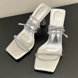 Ciing Silver Square Toe High Heels Sandals Women Summer Crystal Straps Dress Sandals Woman Ankle Straps Thin Heeled Party Pumps