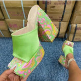 Ciing Summer Graffiti Triangle Thick Heel Slippers Sexy Street Womens Shoes Party Peep Toe Dress Shoes Square Toe Platform Sandals 43