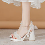 Ciing Elegant White High Heels Sandals Women Summer Chunky Platform Pearl Ankle Straps Pumps Woman Lace Bowtie Luxury Party Shoes