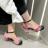 Ciing Patent Leather High Heels Sandals Women Summer Metal Chain Ankle Straps Sandals Woman Round Toe Thick Heeled Pink Pumps