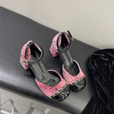 Ciing Patent Leather High Heels Sandals Women Summer Metal Chain Ankle Straps Sandals Woman Round Toe Thick Heeled Pink Pumps