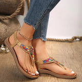 Ciing Luxury Women's Bohemia Sandals 2024 Summer Clip Toe Mix Color Flat Heels Sandals Women Bling Crystal Non-Slip Rome Shoes Ladies