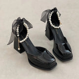 Ciing Vintage High Heels Mary Jane Shoes for Women Patent Leather Platform Pumps Woman Pearls Chain Thick-Heeled Shoes Female