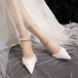 Ciing Sexy Lace Thin Heels Wedding Shoes Women 2023 New Pearl Ankle Strap Pumps Woman Elegant String Bead Med Heels Party Shoes