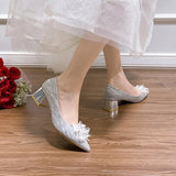 Ciing Elegant Crystal Flower Bride Shoes Women New Bling Bowknot Med Heels Pumps Woman Slip-on Thick Heels Wedding Shoes