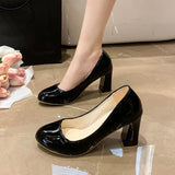 Ciing New Women's Square Heels Office Shoes Patent Leather High Heel Pumps Women Round Toe Slip-On Autumn Shoes for Female