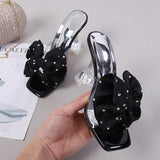 Ciing Fashion Crystal Bow High Heels Slippers Shoes for Woman Sexy PVC Transparent Sandals Women Slides Open Toe Pumps Blue Black