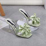 Ciing Fashion Crystal Bow High Heels Slippers Shoes for Woman Sexy PVC Transparent Sandals Women Slides Open Toe Pumps Blue Black