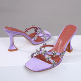 Ciing Shiny Crystal Flowers Decorative Design Sandals Women Summer Sweet Elegant Ladies Slippers Slide High Heel Sandals Women