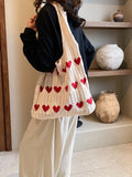 Ciing Fashionable Valentine's Day Solid Color Knitted Material with Heart shaped Decoration Open Top Women's One Shoulder Tote Bag