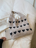 Ciing Fashionable Valentine's Day Solid Color Knitted Material with Heart shaped Decoration Open Top Women's One Shoulder Tote Bag
