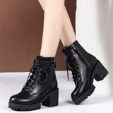 Ciing Thick Heel Ankle Boots for Women New Black Leather PU High Heels Shoes Woman Autumn Winter Platform Motorcycle Boots Women
