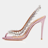 Ciing Silver Pink PVC Clear Heeled Sandals Women Pumps Sexy Rhinestones Thin High Heels Shoes Pointed Toes Party Nightclub Sandals