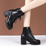 Ciing Thick Heel Ankle Boots for Women New Black Leather PU High Heels Shoes Woman Autumn Winter Platform Motorcycle Boots Women