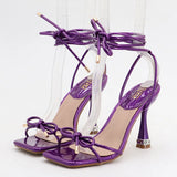Ciing Sexy 9cm Strappy High Heels Women Summer Bow Tie Sandals Purple Stripper Heels Lace Up Gladiator Sandals Prom Shoes Plus Size 42