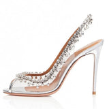 Ciing Silver Pink PVC Clear Heeled Sandals Women Pumps Sexy Rhinestones Thin High Heels Shoes Pointed Toes Party Nightclub Sandals