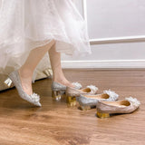 Ciing Elegant Crystal Flower Bride Shoes Women New Bling Bowknot Med Heels Pumps Woman Slip-on Thick Heels Wedding Shoes