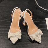 Ciing Fashion Design White Pearl Bowknot Women Pumps Sexy Pointed Toe High Heels Wedding Prom Shoe PVC Transparent Sandal Female