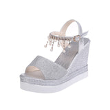 Ciing New Women Wedge Sandals Summer Bead Studded Detail Platform Sandals Buckle Strap Peep Toe Thick Bottom Casual Shoes Ladie