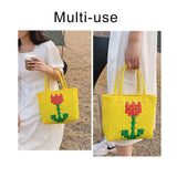Ciing Summer Fashion Straw Flower Print Women Mini Bucket Bag Handmade Rattan Woven Shoulder Bag Ladies Crossbody Travel Handbag
