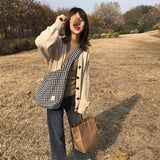 Ciing Women Canvas Shoulder Bags Houndstooth Pattern Cloth Fabric Tote Large Handbag Cute Books Bags Woolen Shopping Bag For Ladies