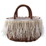 Ciing Valentine's Day Luxury Pearl Wicker Rattan Bag Women Handbag Ostrich Feather Basket Bags Beads Tassel Women's Bags Hand-Woven Beach Straw Bag Pu