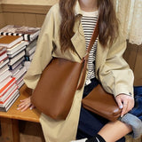 Ciing PU Leather Shopping Bags Women New Spring Chic Vintage Solid Simple Sling Crossbody Students Bucket-Bag Fashion Large Capacity