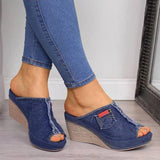 Ciing Slipper Shoes Women Summer High Heels Sandals Peep Toe Denim Wedges Fashion Slipper Shoes Woman Sapato Feminino Zapatos Mujer