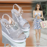 Ciing New Women Wedge Sandals Summer Bead Studded Detail Platform Sandals Buckle Strap Peep Toe Thick Bottom Casual Shoes Ladie
