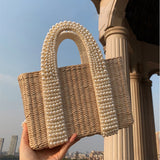 Ciing Fashion Pearls Handle Women Handbags Designer Beaded Straw Bags Luxury Pearl Rattan Tote Wicker Woven Large Summer Beach Purse