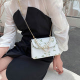 Ciing Women PU Net Yarn Flower Embroidery Shoulder Bags Messenger Bags Vintage Pearl Chain Handbags Female Fashion Flap Crossbody Bags