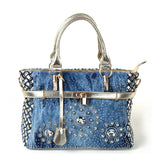 Ciing   Summer Fashion womens handbag large oxford shoulder bags patchwork jean style and crystal decoration blue bag