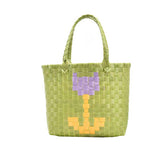 Ciing Summer Fashion Straw Flower Print Women Mini Bucket Bag Handmade Rattan Woven Shoulder Bag Ladies Crossbody Travel Handbag