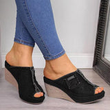 Ciing Slipper Shoes Women Summer High Heels Sandals Peep Toe Denim Wedges Fashion Slipper Shoes Woman Sapato Feminino Zapatos Mujer