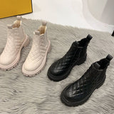 Ciing Winter Chelsea Boots Women Shoes Fashion Chunky Heels Plush Warm Grid Ankle Platform Boots Pu Leather Female Booties