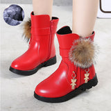 Ciing New Winter Girls Boots Real Fur Ball PU Leather Kids Snow Boots Warm Plush Sneakers Children Shoes