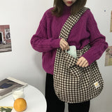 Ciing Women Canvas Shoulder Bags Houndstooth Pattern Cloth Fabric Tote Large Handbag Cute Books Bags Woolen Shopping Bag For Ladies