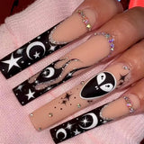 24Pcs Long Coffin False Nail Flame Flower Design Fake Nails with Rhinestone Wearable French Ballet Full Cover Press on Nails