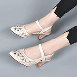 Ciing Women's Hollow Pointed Toes Pumps Mid Chunky Heels Slingback Sandals Shoes Summer New Vintage Woman Lady Sandals Slippers Shoes
