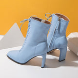 Ciing Large Size Women Square Head Ankle Boots Fashion Cross Strap Square High Heels Winter Shoes Zipper Office Lady Boots