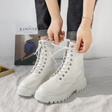 Ciing Rimocy White Black PU Leather Ankle Boots Women Autumn Winter Round Toe Lace Up Shoes Woman Fashion Motorcycle Platform Botas