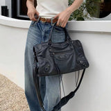 Ciing Gothic Tote Bag Black Large Capacity Moto Biker Handbag for Women Fashion PU Leather Zipper Spice Girls Punk Design Bag