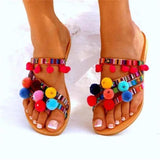 Ciing Women's Summer Flat Sandals New Boho Flip-Flops Multicolor Pom Pom Fashion Slippers Casual Women's Shoes Zapatos De Mujer