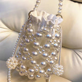 Ciing Elegant Hollow Pearls Bag Evening Bags for Women Handbag Luxury Small Beading Party Shoulder Crossbody Bag Woven Wedding Purse